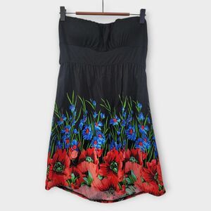 Y2K Strapless Babydoll Tunic Top Size Large Tropical Floral Resort Festival